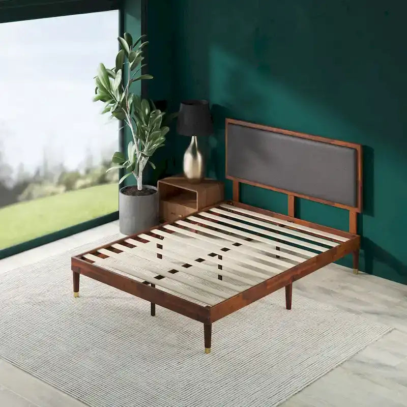 Cadre de lit plateforme en bois marron Priage by ZINUS avec tête de lit rembourrée réglable