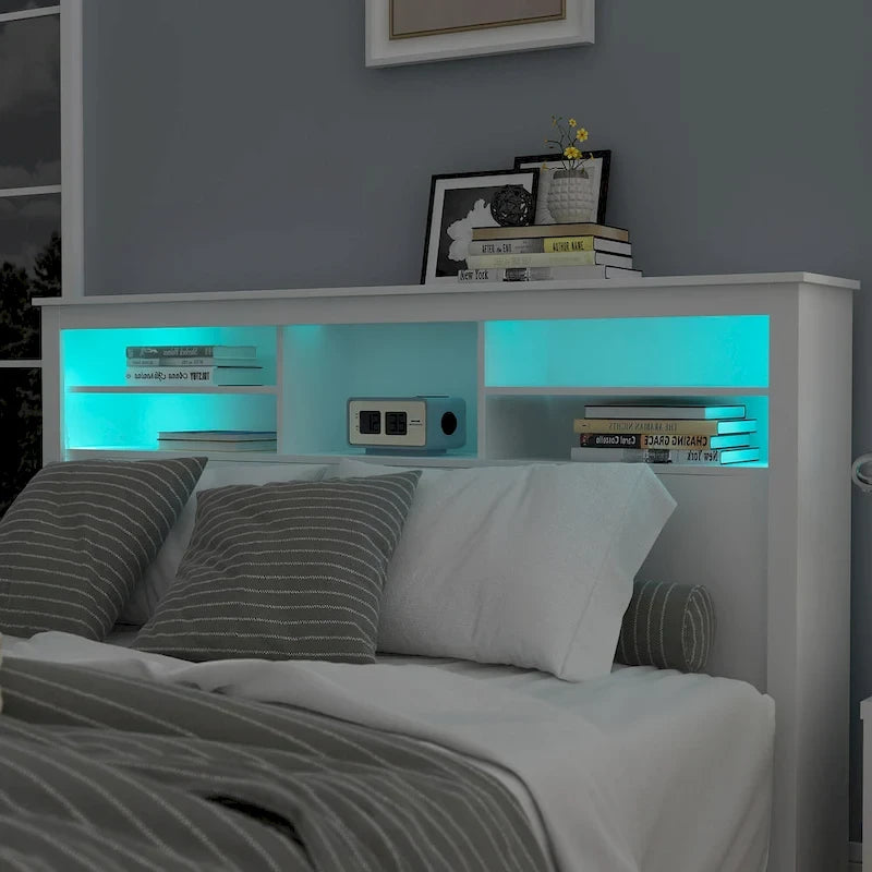 Tête de lit bibliothèque Queen Size avec trou passe-câbles et lumières
