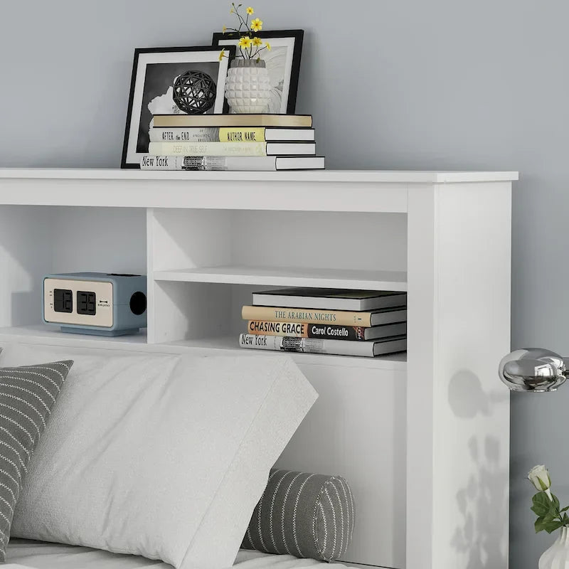 Tête de lit bibliothèque Queen Size avec trou passe-câbles et lumières