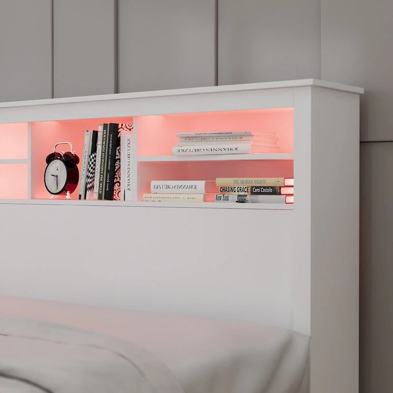Tête de lit bibliothèque Queen Size avec trou passe-câbles et lumières