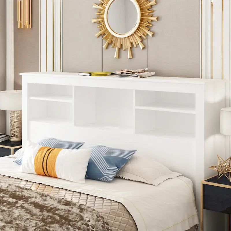 Tête de lit bibliothèque Queen Size avec trou passe-câbles et lumières