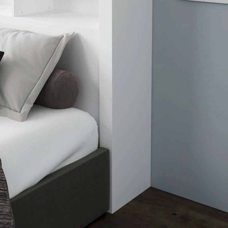 Tête de lit bibliothèque Queen Size avec trou passe-câbles et lumières