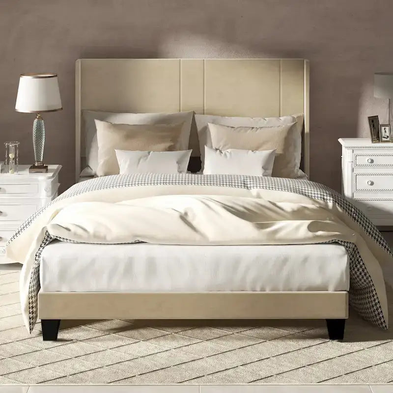 Cadre de lit Queen rembourré avec tête de lit et oreilles en velours beige