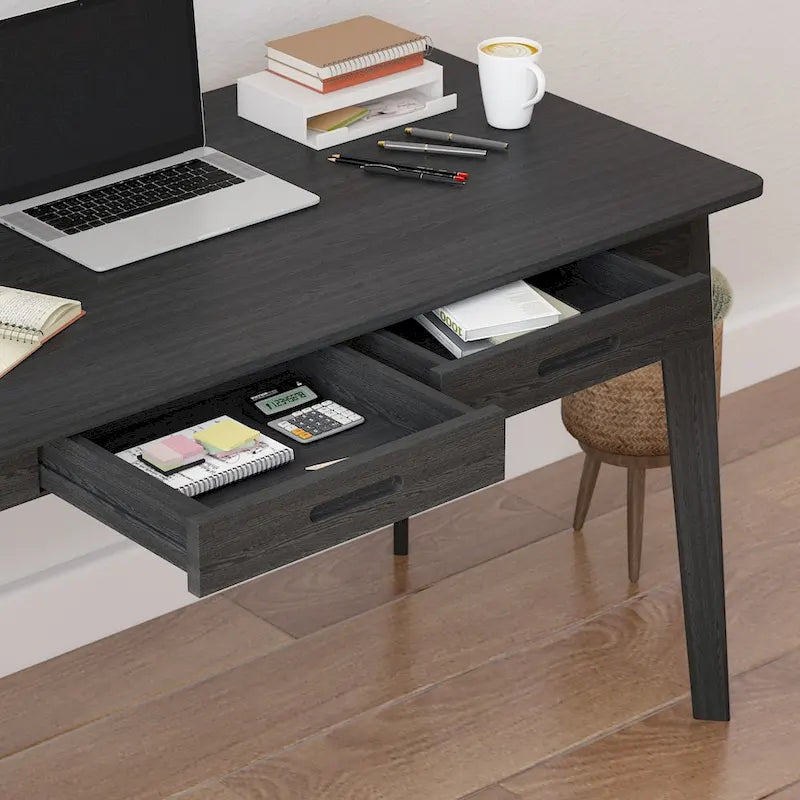 Bureau d'ordinateur en bois noir Timechee, bureau d'écriture de 119 cm avec 2 tiroirs