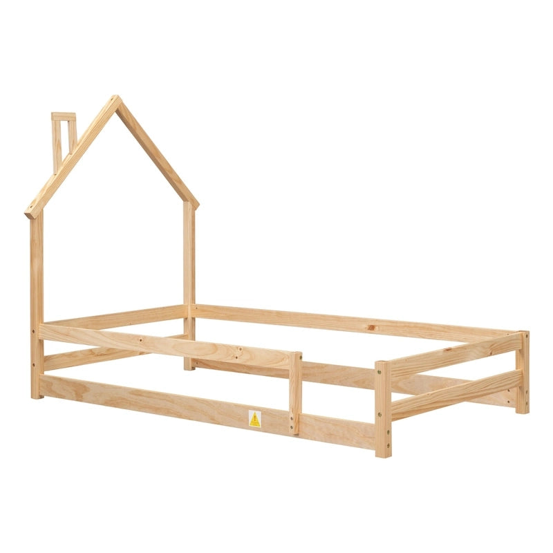 Lit en bois avec tête de lit en forme de maison