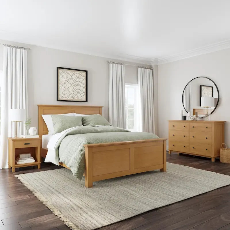 Lit Queen, table de chevet et commode en bois brun Oak Park