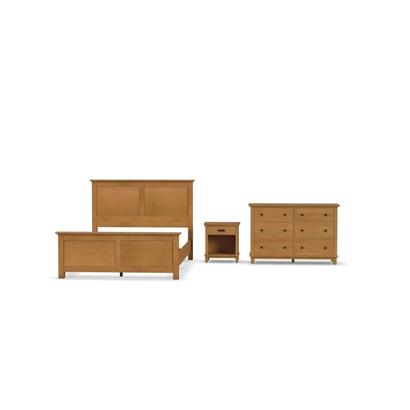 Lit Queen, table de chevet et commode en bois brun Oak Park