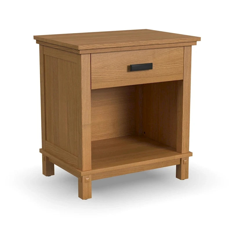 Lit Queen, table de chevet et commode en bois brun Oak Park