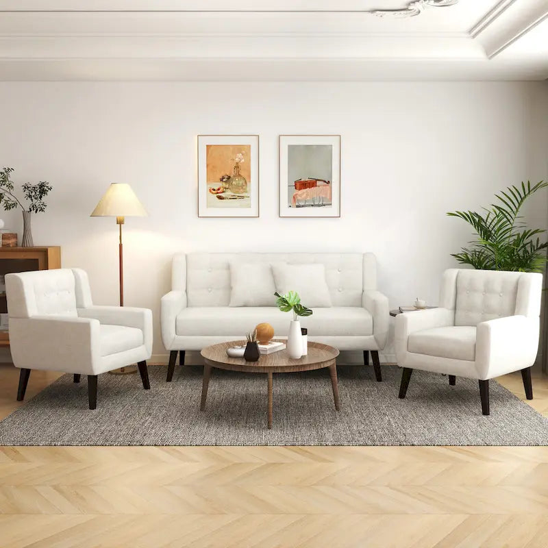 Modern Curved 63 Button Tufted Upholstered Loveseat with 2 Accent Chairs