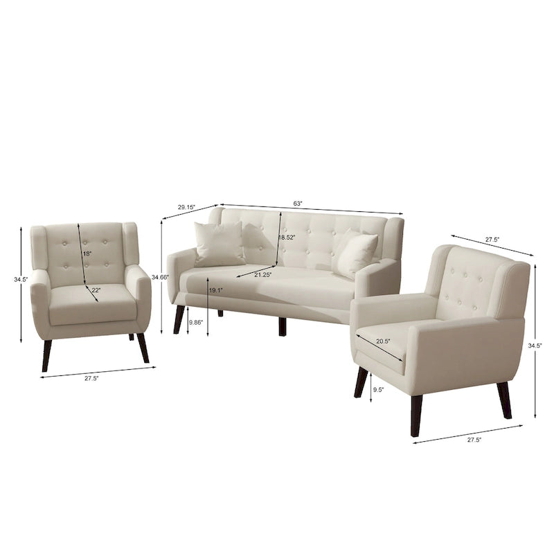 Causeuse rembourrée capitonnée incurvée moderne de 63 po avec 2 fauteuils d'appoint