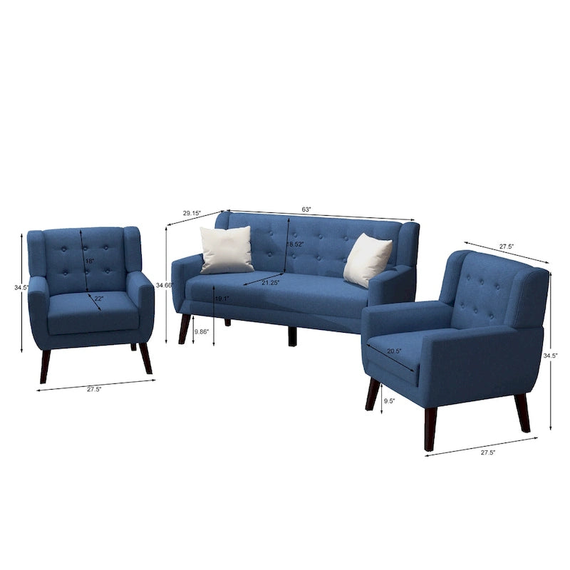 Causeuse rembourrée capitonnée incurvée moderne de 63 po avec 2 fauteuils d'appoint
