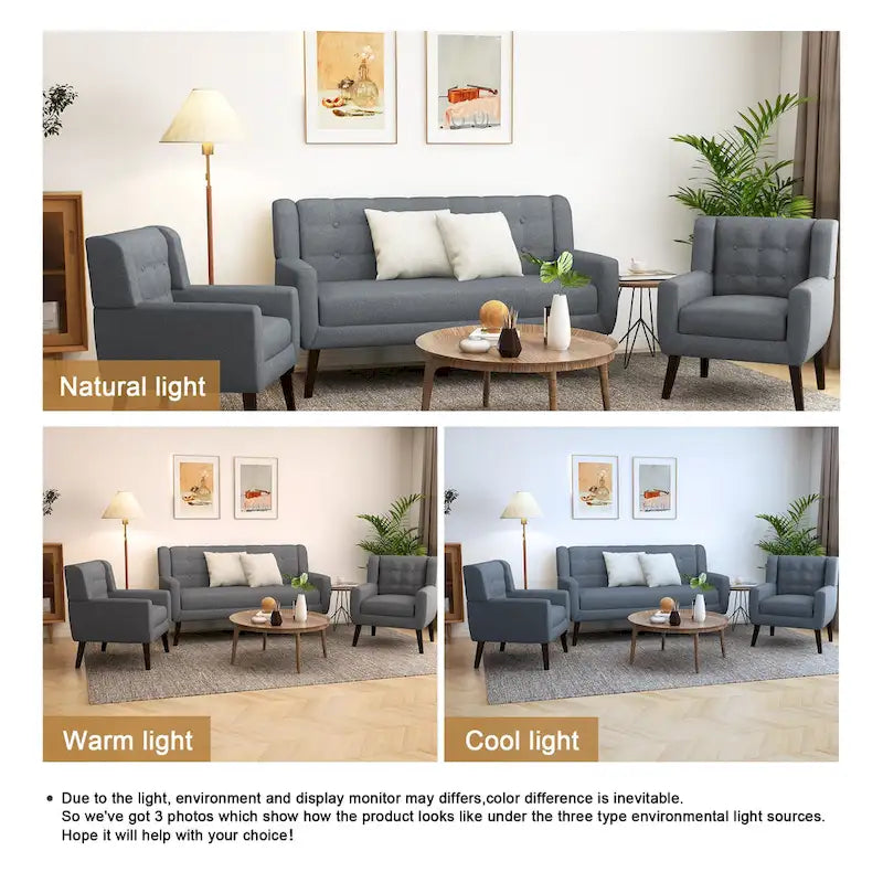 Causeuse rembourrée capitonnée incurvée moderne de 63 po avec 2 fauteuils d'appoint