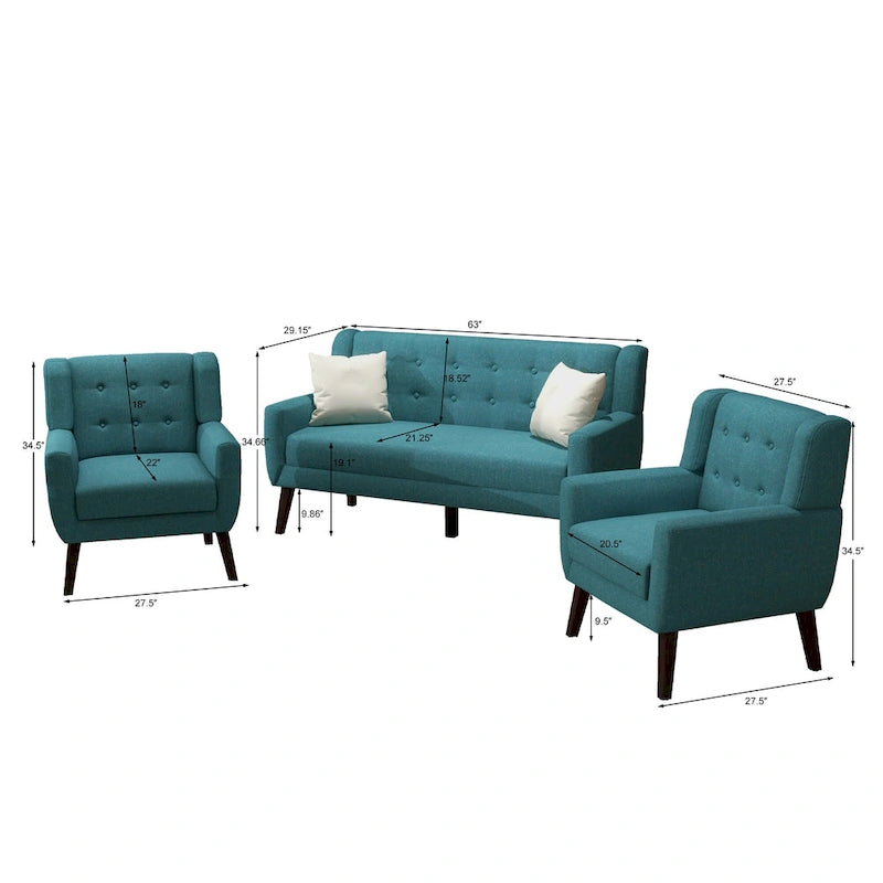 Causeuse rembourrée capitonnée incurvée moderne de 63 po avec 2 fauteuils d'appoint