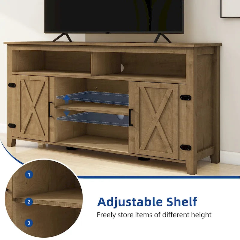 Meuble TV haut de ferme Moasis pour téléviseur de 65 pouces avec portes coulissantes en bois