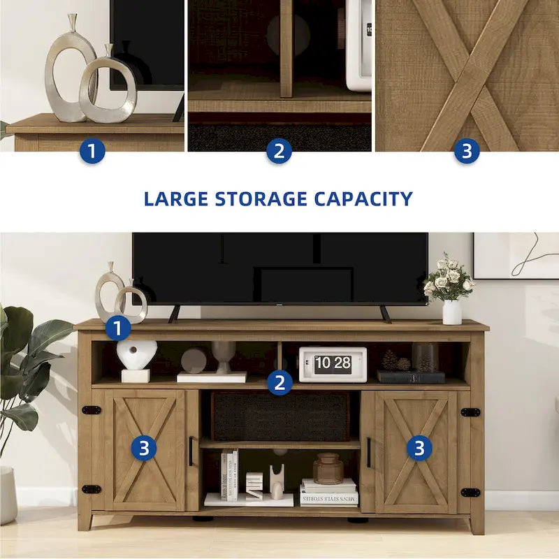 Meuble TV haut de ferme Moasis pour téléviseur de 65 pouces avec portes coulissantes en bois