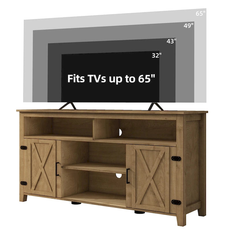 Meuble TV haut de ferme Moasis pour téléviseur de 65 pouces avec portes coulissantes en bois