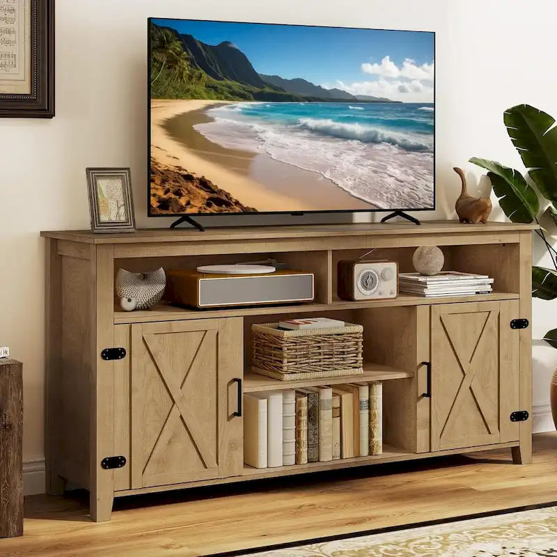 Meuble TV haut de ferme Moasis pour téléviseur de 65 pouces avec portes coulissantes en bois