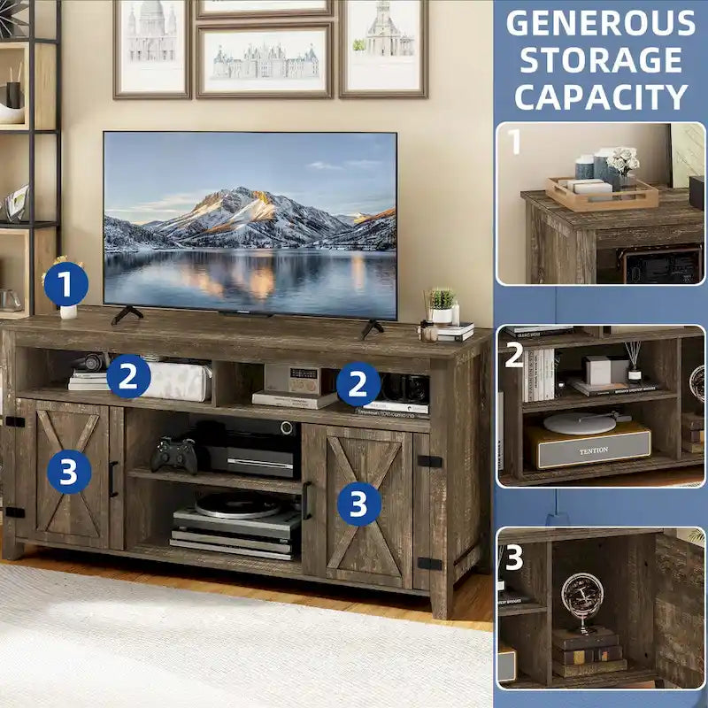 Meuble TV haut de ferme Moasis pour téléviseur de 65 pouces avec portes coulissantes en bois