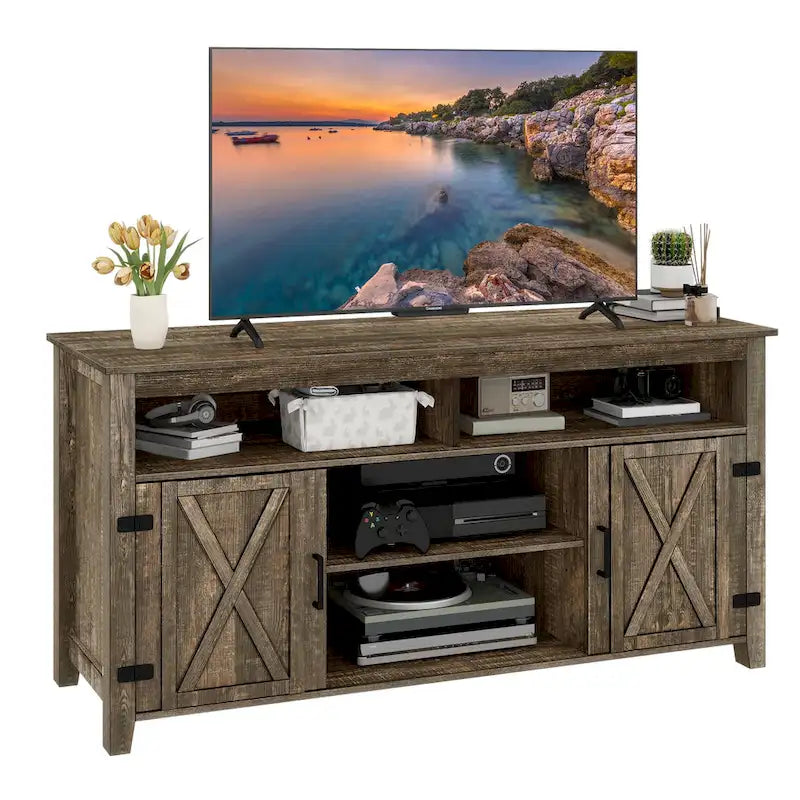 Meuble TV haut de ferme Moasis pour téléviseur de 65 pouces avec portes coulissantes en bois