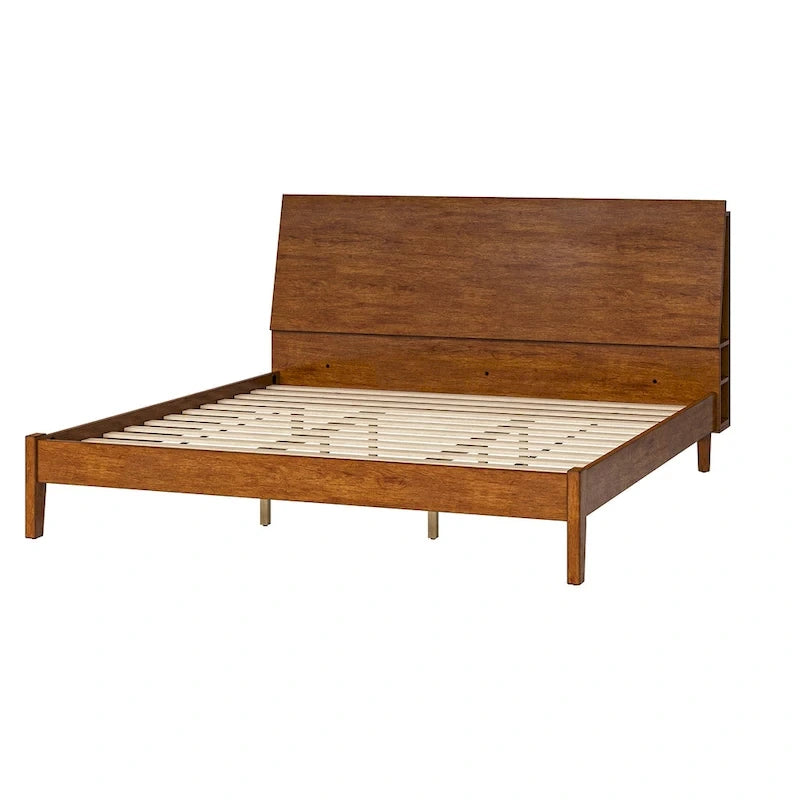 Lit plateforme en bois massif moderne Mid-Century Claus avec ports USB et espace de rangement par HULALA HOME