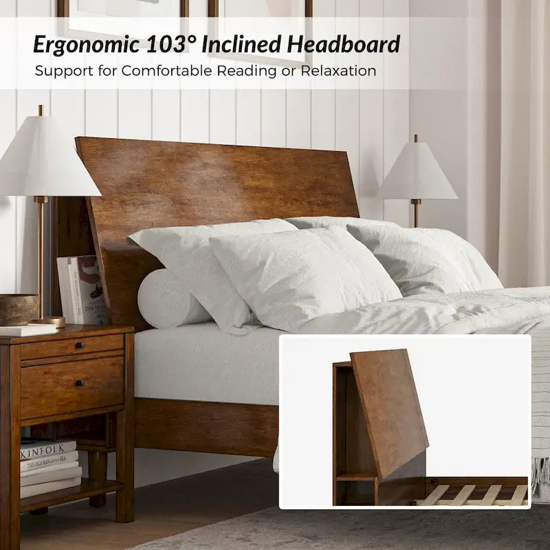 Lit plateforme en bois massif moderne Mid-Century Claus avec ports USB et espace de rangement par HULALA HOME