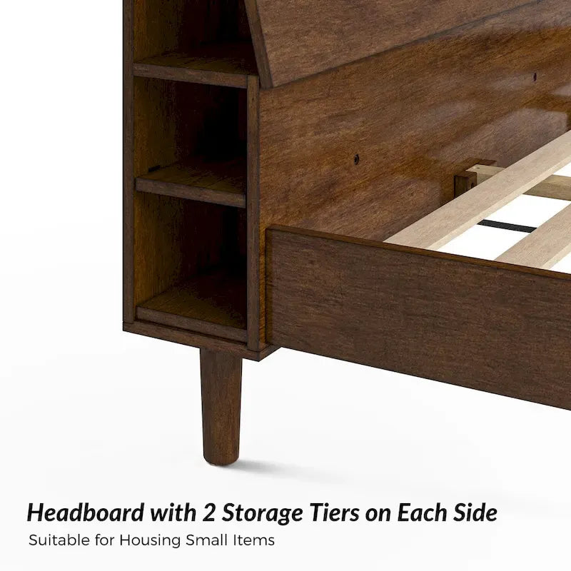 Lit plateforme en bois massif moderne Mid-Century Claus avec ports USB et espace de rangement par HULALA HOME