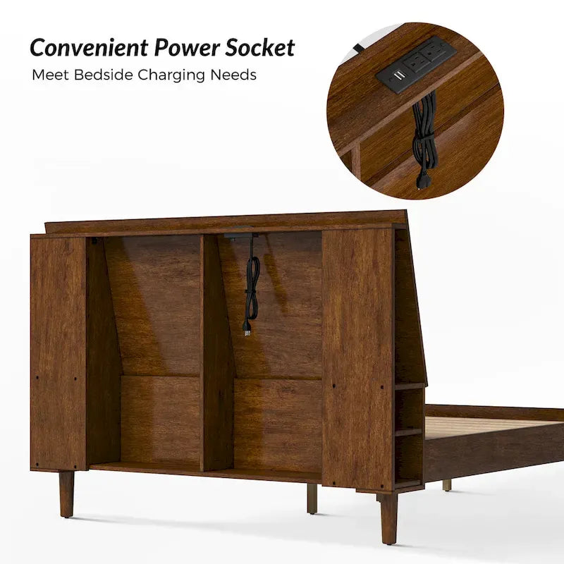 Lit plateforme en bois massif moderne Mid-Century Claus avec ports USB et espace de rangement par HULALA HOME