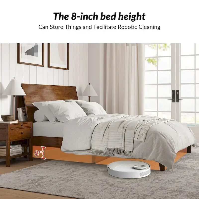 Lit plateforme en bois massif moderne Mid-Century Claus avec ports USB et espace de rangement par HULALA HOME