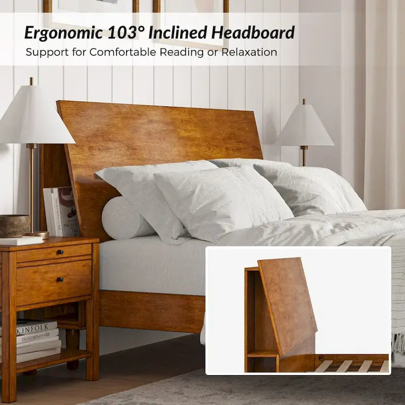 Lit plateforme en bois massif moderne Mid-Century Claus avec ports USB et espace de rangement par HULALA HOME