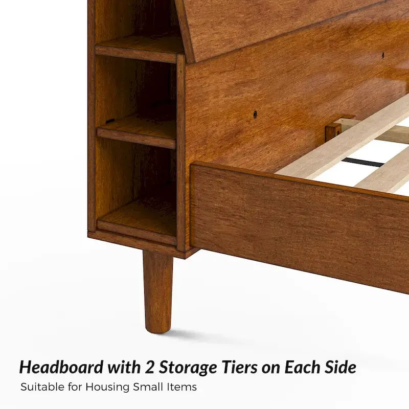 Lit plateforme en bois massif moderne Mid-Century Claus avec ports USB et espace de rangement par HULALA HOME