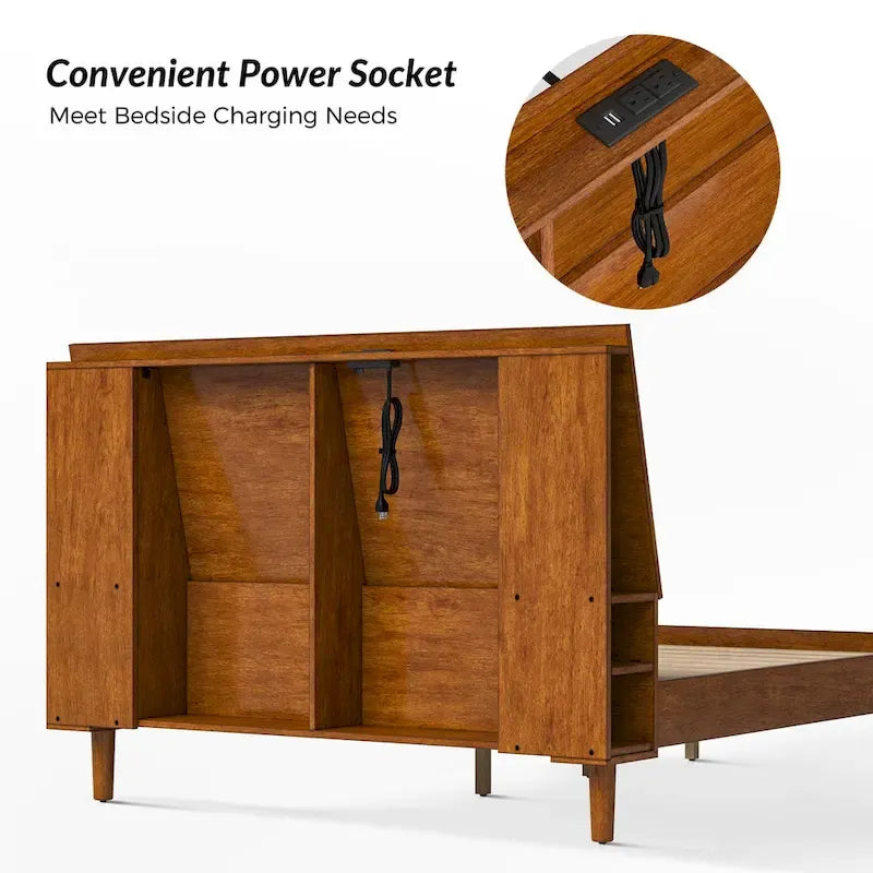 Lit plateforme en bois massif moderne Mid-Century Claus avec ports USB et espace de rangement par HULALA HOME