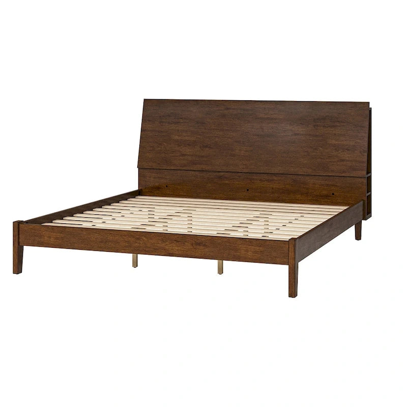 Lit plateforme en bois massif moderne Mid-Century Claus avec ports USB et espace de rangement par HULALA HOME