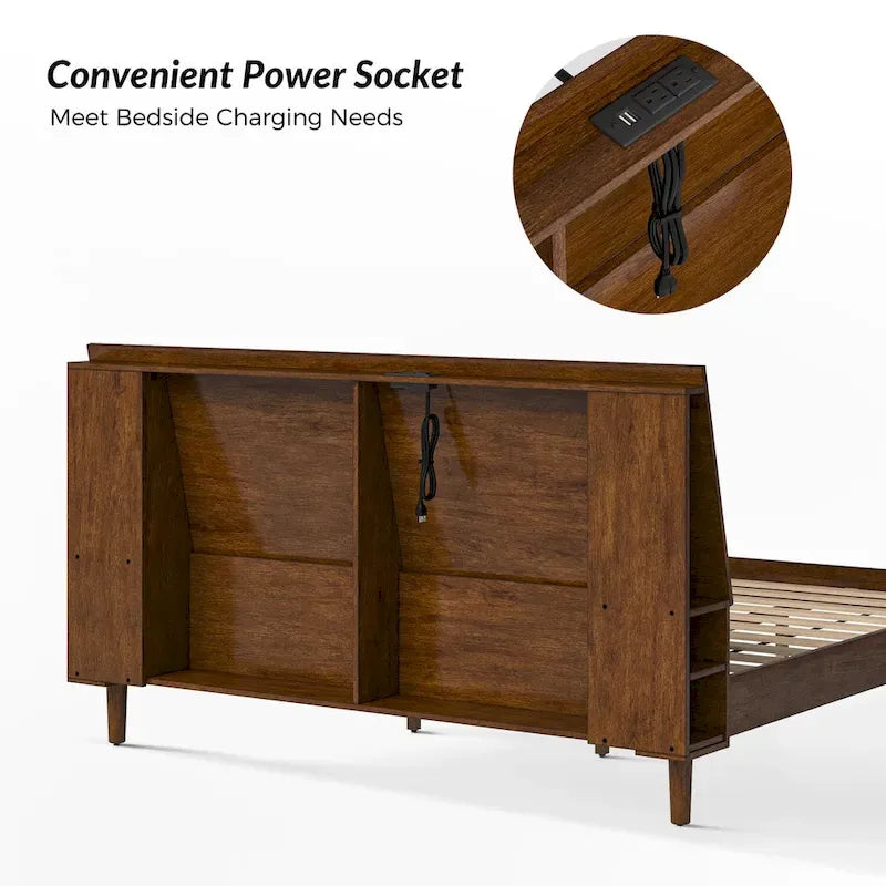 Lit plateforme en bois massif moderne Mid-Century Claus avec ports USB et espace de rangement par HULALA HOME