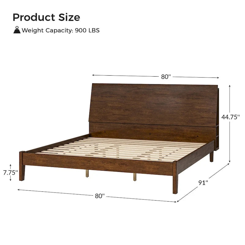 Lit plateforme en bois massif moderne Mid-Century Claus avec ports USB et espace de rangement par HULALA HOME
