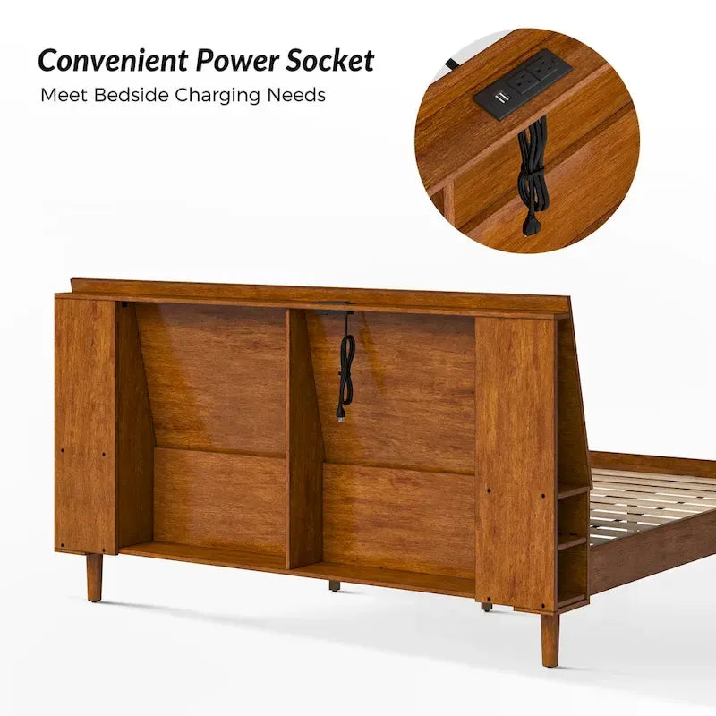 Lit plateforme en bois massif moderne Mid-Century Claus avec ports USB et espace de rangement par HULALA HOME