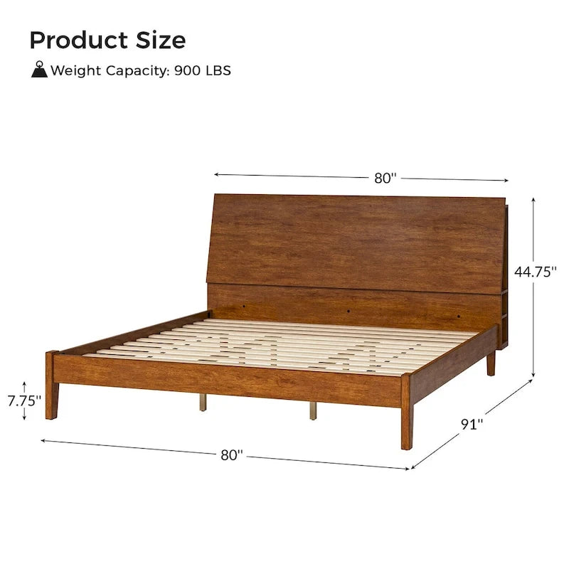 Lit plateforme en bois massif moderne Mid-Century Claus avec ports USB et espace de rangement par HULALA HOME