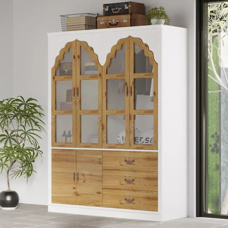 Armoire Classique Élégante - Garde-robe Rustique Extensible avec Porte en Verre