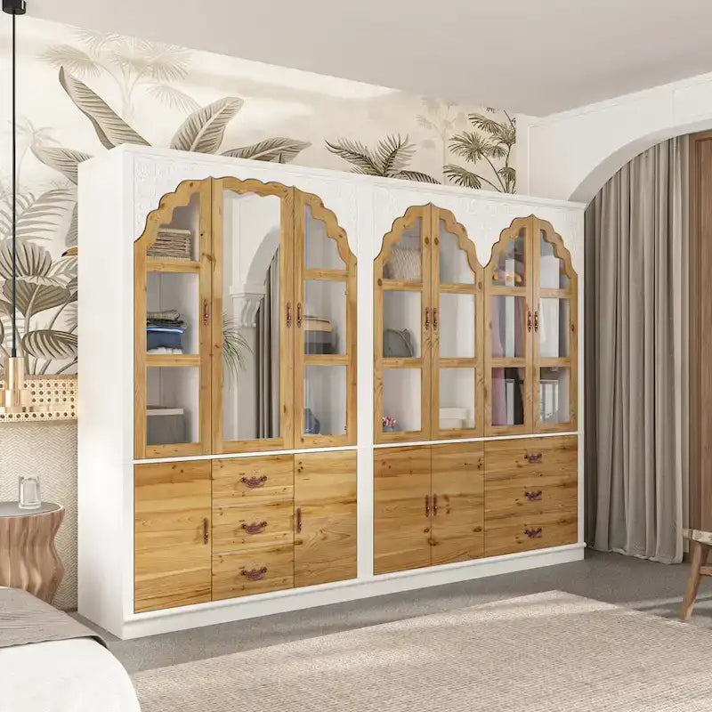 Armoire Classique Élégante - Garde-robe Rustique Extensible avec Porte en Verre