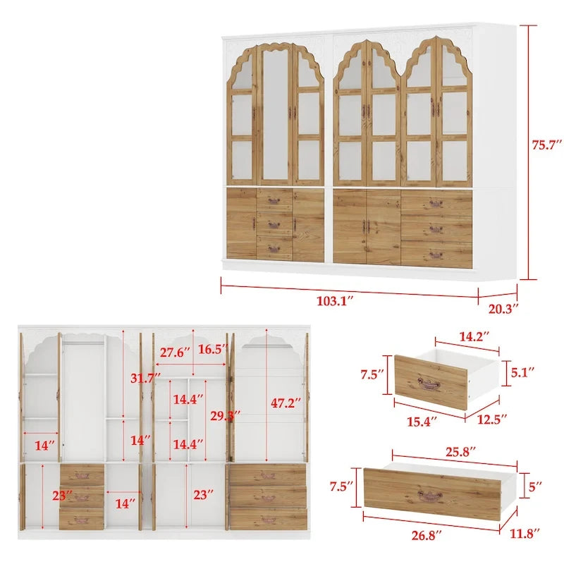 Armoire Classique Élégante - Garde-robe Rustique Extensible avec Porte en Verre