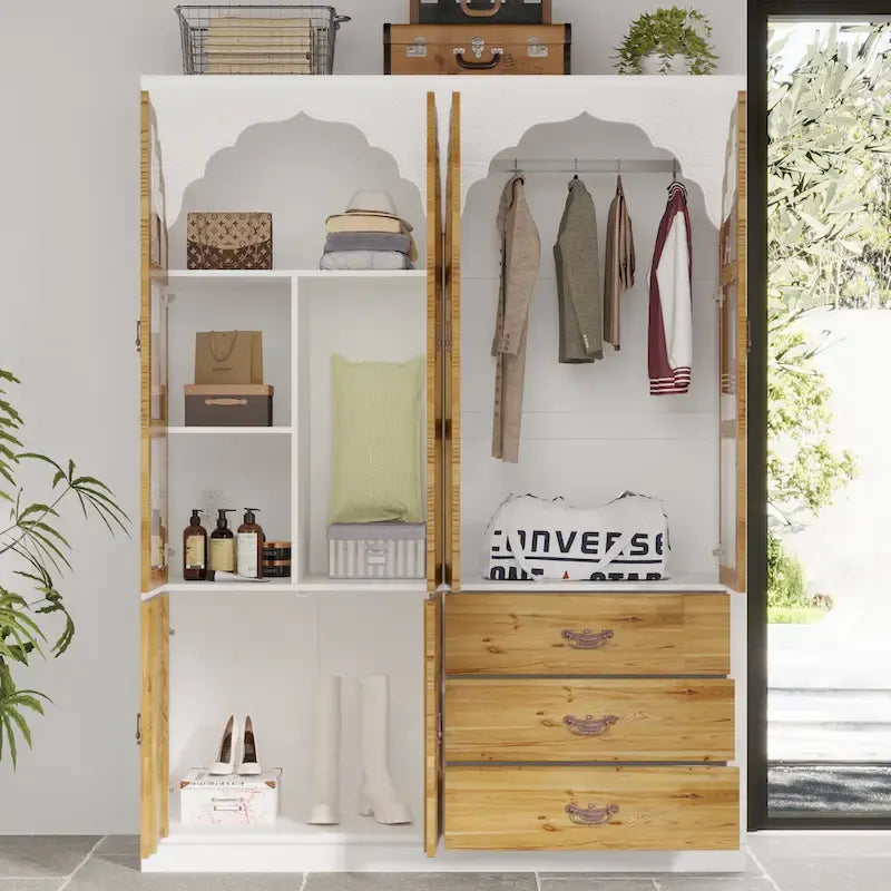 Armoire Classique Élégante - Garde-robe Rustique Extensible avec Porte en Verre