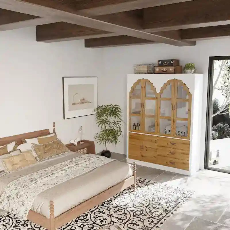 Armoire Classique Élégante - Garde-robe Rustique Extensible avec Porte en Verre
