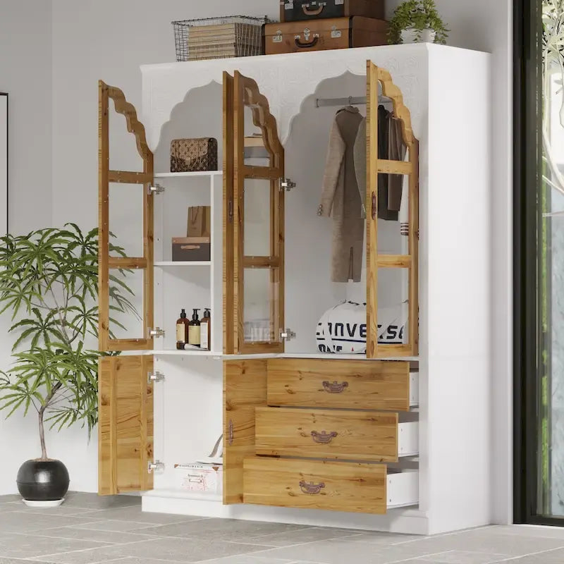 Armoire Classique Élégante - Garde-robe Rustique Extensible avec Porte en Verre