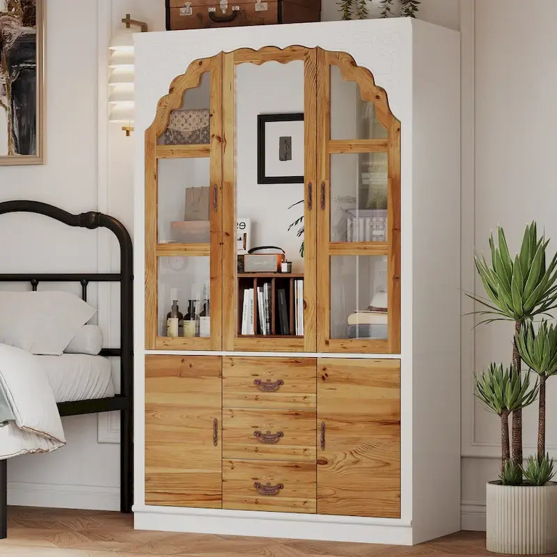 Armoire Classique Élégante - Garde-robe Rustique Extensible avec Porte en Verre