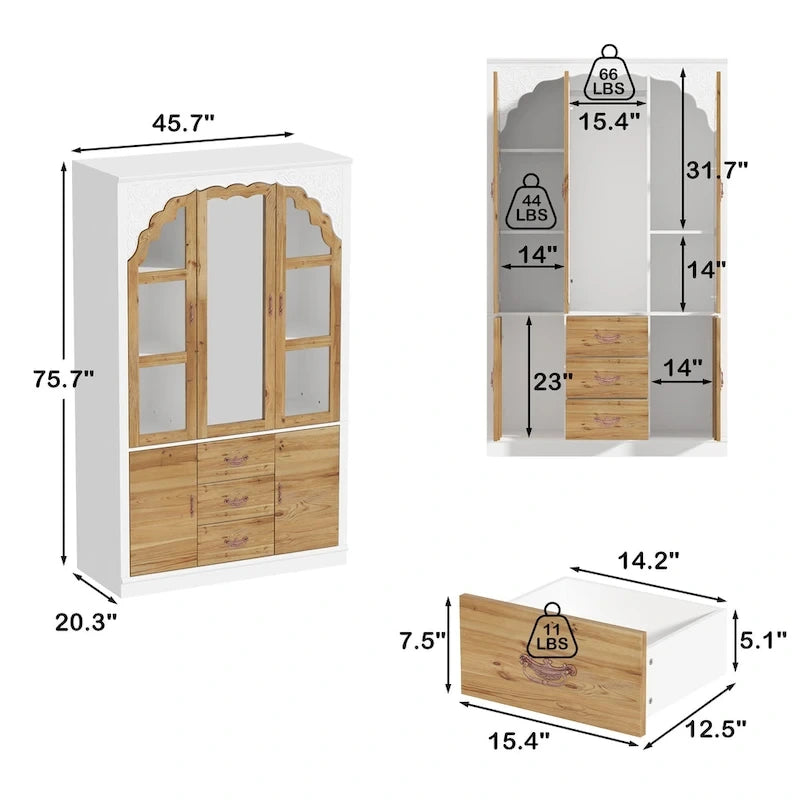 Armoire Classique Élégante - Garde-robe Rustique Extensible avec Porte en Verre