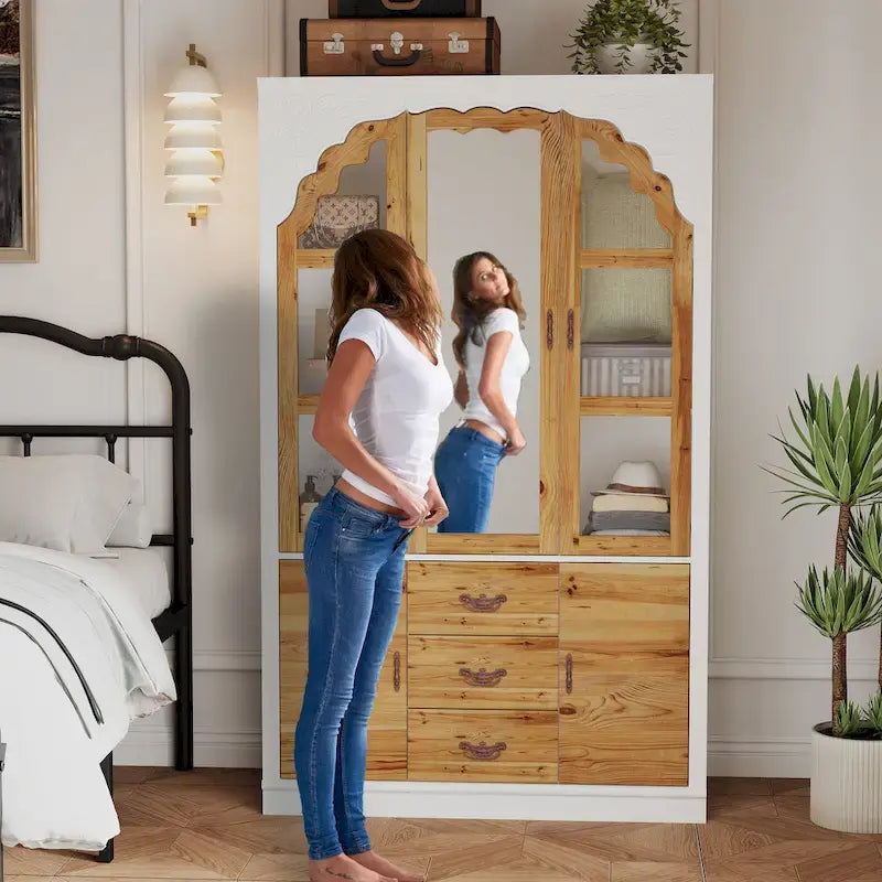 Armoire Classique Élégante - Garde-robe Rustique Extensible avec Porte en Verre