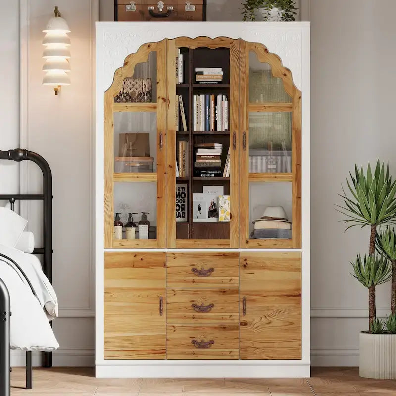 Armoire Classique Élégante - Garde-robe Rustique Extensible avec Porte en Verre