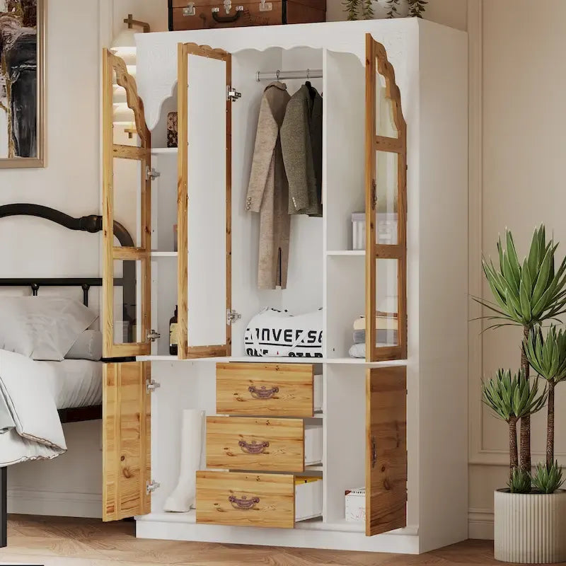 Armoire Classique Élégante - Garde-robe Rustique Extensible avec Porte en Verre