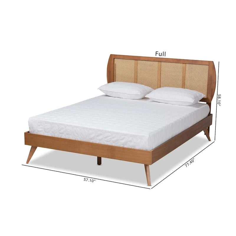 Lit plateforme Asami en bois de noyer et rotin synthétique