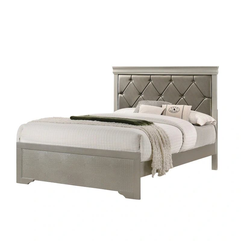 Ensemble de chambre Sigurd 4 pièces en similicuir argenté capitonné