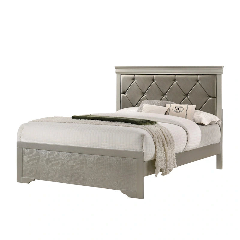 Ensemble de chambre Sigurd 4 pièces en similicuir argenté capitonné